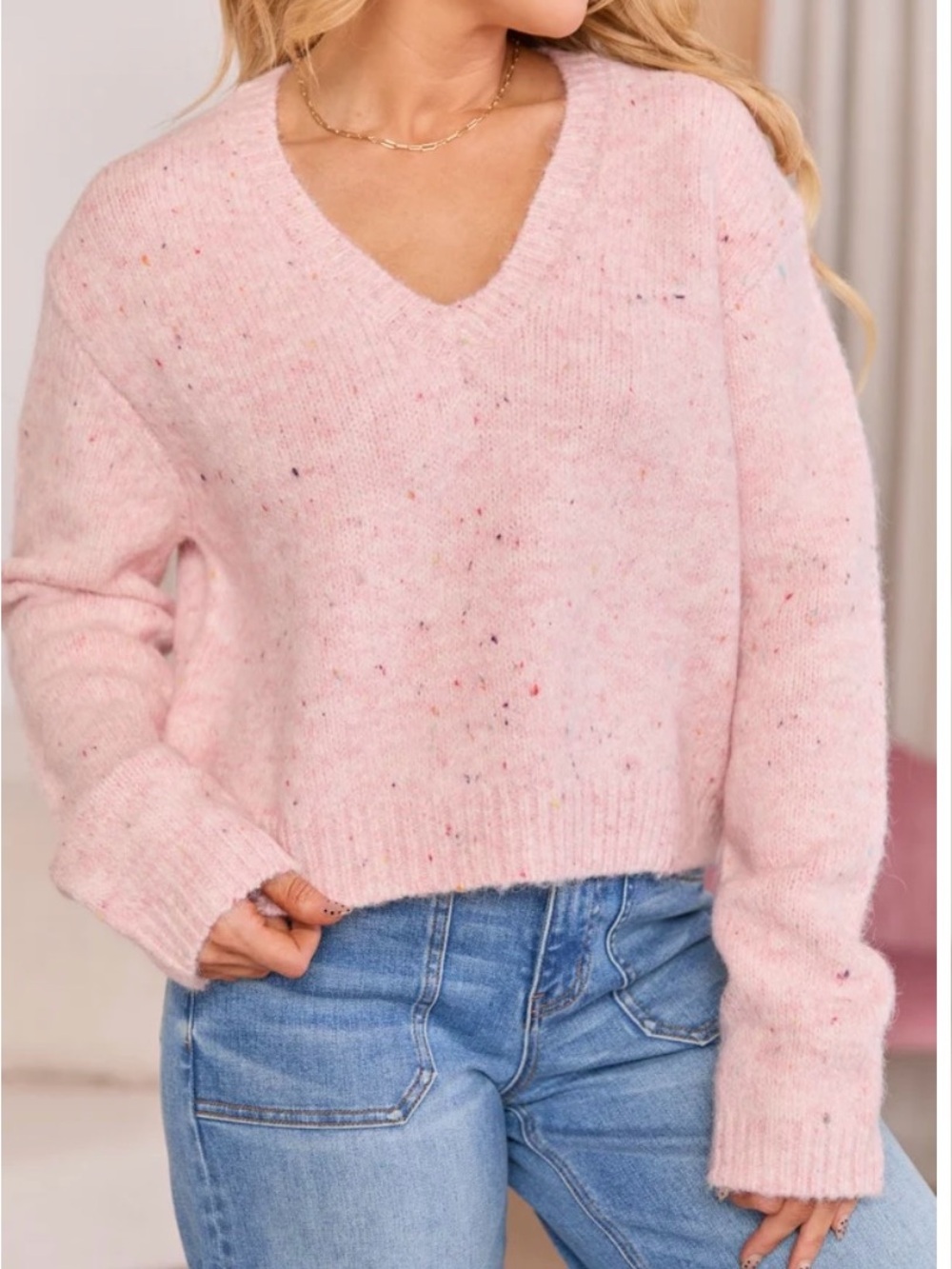 Pink Lily Dottie Pink Cropped V-Neck Sweater